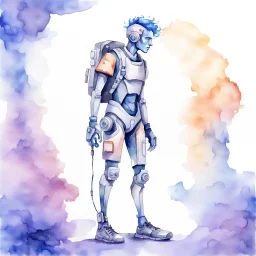 Male cypebpunk character connected to AI exploring other AI - Watercolour and Watercolour Painted Style - Jenny Rainey Style