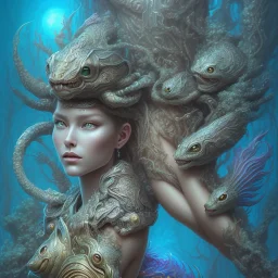 sango fantasy, fantasy magic, intricate, sharp focus, illustration, highly detailed, digital painting, concept art, matte, artgerm and paul lewin and kehinde wiley, masterpiece sexy lips African lady crab body mermaid tiger head turquoise space lady beach sea under water mermaid seaweed