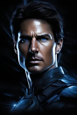 Tom Cruise facial portrait - pitch-black background with a blue glowing overhead spotlight effect, time travel, space voyages, superheroes, moving really fast