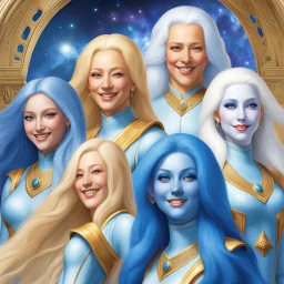 Plusieurs pleiadiens souriants à peau bleue et à long cheveux blancs