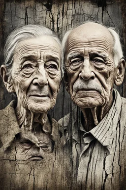 an old couple faces old pale brown vintage photo with crack, fault, glich technique, grey-brown, defects, graininess, white noise, lines, scratches, glitch art