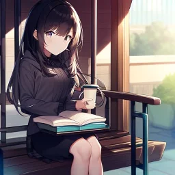 anime girl sitting on a porch swing, drinking a cup of coffee, writing in a book