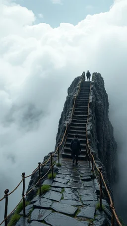 narrow stone path above the ground gradually getting higher into the clouds no railings, dangerous drop people in black leathers medievil period weather is wet spiraling into the clouds fantastic