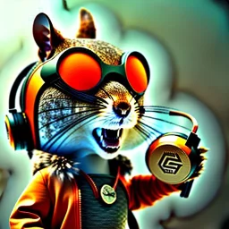 Squirrel toddler, smile, steampunk headphone, sunglass, gangsta neckless, full body, orange puffer jacket, tokio background, dramatic lighting, hyper realistic, unreal engine 5, 16k