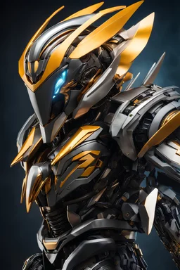 Hornbill bird in a robot transformer, super suit with spikes on his arms and shoulders, explode, hdr, (intricate details, hyperdetailed:1.16), piercing look, cinematic, intense, cinematic composition, cinematic lighting, color grading, focused, (dark background:1.1) by. Addie digi