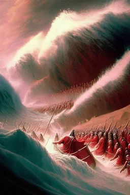 Moses parts the red sea while the Isrealites flee the Egyptian chariots