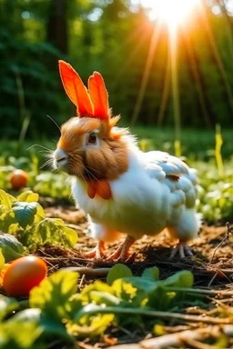 un pollo con orejas y cola de conejo vive en la pradera y come zanahoria bajo el sol
