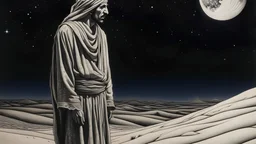 Drawing of a Bedouin man standing in the desert at night