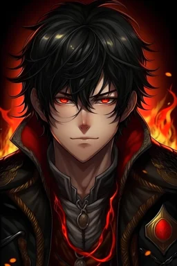 Very detailed illustration in anime style, leather clothes, black denim leather jacket, extremely detailed face, (very detailed black hair, yellow eyes and some dragon scales on his red body