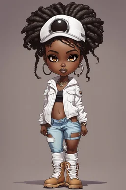 create a futurism art image of a curvy size chibi dark skinned Black female wearing a white jean outfit with timberland boots. Prominent make up with brown eyes. Highly detailed dread locs