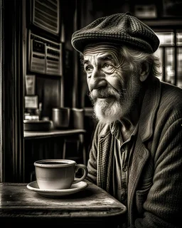 As you enter the coffee shop, you notice an enigmatic figure, a weathered man in his 50s with wise eyes and a knowing smile. Describe the encounter and capture the essence of the profound life lessons he imparts.