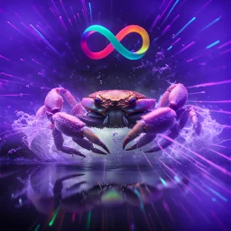 infinity symbol ∞ with vibrant powerful crab jumping out of the water, striking, neon, chiaroscuro, dramatic, captivating, powerful, fantasy, beautiful, octane render, 16k post-production, artstation: award-winning: atmospheric: commanding: fantastical: clarity: ultra quality: striking: brilliance: stunning colors: amazing depth; lens: f/11, 35mm