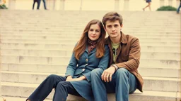 retro old photo of a young couple in 70s style clothes sitting on the lower steps of the Danube embankment in Budapest at Fővám Square, the photo is old, stained and scratched in some places, one corner of the photo is missing, the girl's and the boy's faces are blurry and not clearly visible, behind them are stairs