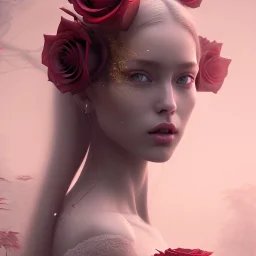 red roses beautiful girl,utra realistic,highly detailed, masterpiece, sharp focus, fantasy art, royalistic,elegant, fog, Special Lighting,volumetric lighting, Vibrant, color Scheme, forest, trending on artstation, ultra photoreal,hypermaximalist, unreal engine