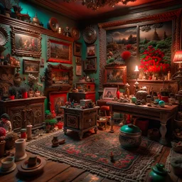 Diorama of old stuff in a room, sharp focus, 8k, 3d, very detailed, volumetric light, grim, fine art, very colorful, ornate, 35mm, F/2.8, insanely detailed and intricate, hypermaximalist, super detailed, decadent