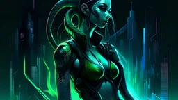 A futuristic cyberpunk illustration of a sleek, female polygonal snake with iridescent scales, glowing neon eyes, and digital circuit patterns running along her body, set in a dark, dystopian cityscape.