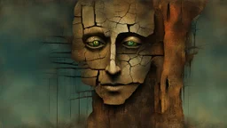 Skin bones stone face, dystopian environment, a forest can be seen through a hole in the side of the head, cracks and peeling in the face, a brain from another time, a divided mind, a portal to the distant future. Deep contrasting colors. Surrealism and abstraction by Angel Planells