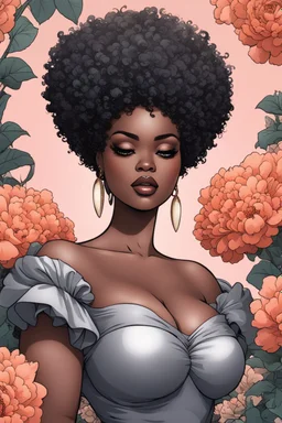 Create an comic image of a curvy black female wearing a grey off the shoulder blouse and she is looking down with Prominent makeup. Highly detailed tightly curly black afro. Background of large peach and grey flowers surrounding her