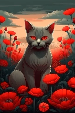 an illustration of a beautiful cat with a field with red flowers cloudy in dark aesthetic