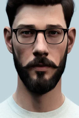 boy, young, glasses, beard, brown hair, brown eyes, medium hair, bangs side part, head and shoulders portrait, head and shoulders portrait, 8k resolution concept art portrait by Greg Rutkowski,