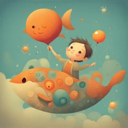Charming stylized characters. Large heads, big expressive eyes, small, delicate features. Done in the playful and minimalist style of modern children’s book illustration. Diffused outlines, misty, dream-like quality. Colors are warm and subdued illustrating a cheerful demeanor. With a touch of quirkiness. Show me a cute young kid with a balloon in the shape of a big fractal-decoration-covered fish standing on s little planet floating in a sky painted with stars, suns and planets like ones one wo