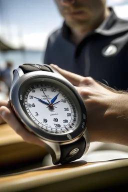 Generate an image of a sailing watch in a regatta setting, where multiple sailboats are in close competition. Showcase the watch being worn by a focused sailor, emphasizing its performance and precision during competitive sailing.