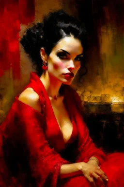 a beautiful woman with nice eyes, nice lips, in red cloths. art by Jeremy Mann,