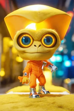 Full head to toe portrait + profile of a creature with (((a flat orange triangle pointing downwards for a head))), large round eyes like bright yellow headlights, a small body, its feet are in seamless silver and orange skin-tight boots with its skin-tight jumpsuit. It stands out against a white background.