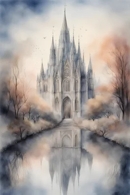 The place where the Dream and its followers live. A reflection of the sky. Watercolour, fine drawing, beautiful landscape with cathedral, lots of details, delicate sensuality, realistic, high quality, work of art, hyperdetalization, professional, filigree, hazy haze, hyperrealism, professional, transparent, delicate pastel tones, back lighting, contrast, fantastic, nature+space, Milky Way, fabulous, unreal, translucent, glowing,
