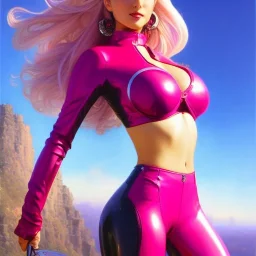 fullbody portrait 'beautiful face sexy Busty Female Biker riding a Superbike',3/4 front aerial view,hyperrealistic skin,Hyperrealistic crystal clear eyes,wearing skintight pink latex,painting by gaston bussiere, greg rutkowski, yoji shinkawa, yoshitaka amano, tsutomu nihei, donato giancola, tim hildebrandt,Evan Lee,Akira-Raikou, oil on canvas, cinematic composition,sharp image, extreme detail,((fit full head inside picture)),32k