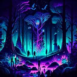 illustrations with a professional art style that show people learn quantum levitation, use colorful and dark midnight forest theme as a background, make it amazing