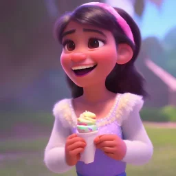 cute, adorable, smileing girl eating ice cream, candies flying all around her, Pixar, disney, cinema lighting, gaming, 8k, magic, love --q 1 --v 4