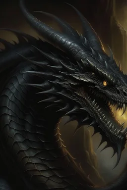 50s dark fantasy art, illustration of a black dragon