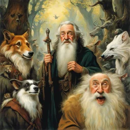 [art by Norman Rockwell: three Middle-earth Istaris are Jonathan Pryce, Sylvester McCoy and Jean Rochefort] Radagast, with his unkempt hair and a menagerie of animals, shared a hearty chuckle with Saruman, the wise and cunning Istari. And there, in the midst of it all, stood Gandalf, a twinkle in his eyes as he joined in the mirth.Their laughter echoed through the night, a rare moment of camaraderie amidst the chaos of their journeys.