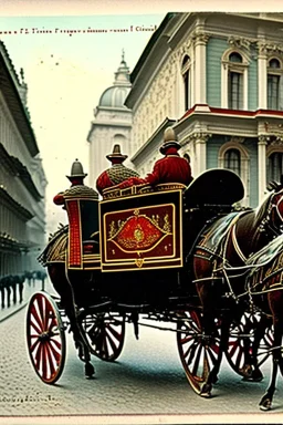 Fiacre, carriage with two horses in Vienna. Old postcard