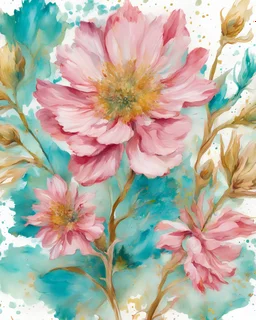 PINK , light green, turquoise and gold flower van Gough water color on white background