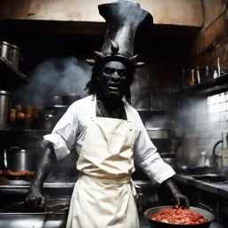 A visceral, wide-angle 35mm film still of "Kitchen's Hell." The scene depicts 'The Demon of Nazareth,' a menacing figure with cracked, charcoal-black skin, small curling horns, and eyes glowing like embers, wearing a filthy, tattered white chef's apron and a stained chef hat, towering centrally behind a massive, industrial stove spewing intense blue and orange flames and acrid black smoke. He holds a large, raised meat cleaver in one clawed hand and a ladle filled with bubbling, iridescent green