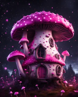 An illogically floating mushroom house on a clear night. white pink black, Stars Dark cosmic interstellar. Detailed Matte Painting, deep color, fantastical, intricate detail, splash screen, hyperdetailed, insane depth, concept art, 8k resolution, trending on Artstation, Unreal Engine 5, color depth, backlit, splash art, dramatic, High Quality Whimsical Fun Imaginative Bubbly, perfect composition