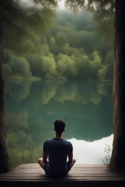 Young man looking out on a serene lake reflecting on his inner journey. What transformative message does the water reveal?