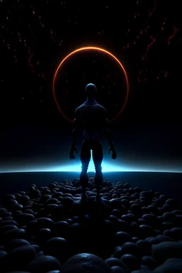 a black hole as a tall, humanoid creature, in a dark surreal landspace, this is the end of everything, his legs and arms are monstruous, dynamic lighting, empty dark background, doomiest picture ever created by midjourney ai, 8k, hyperdetailed, photorealistic