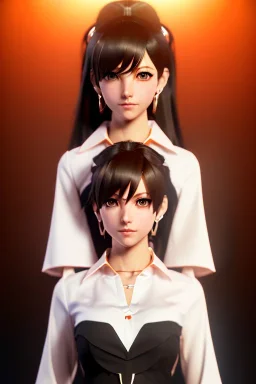 young anime business woman, brown hair, dark orange eyes, hoop earrings, red blouse, elegant, dark eyeshadow, black eyeliner, high arch angular eyebrows, head and shoulders portrait, 8k resolution, WLOP, Alphonse Mucha dynamic lighting, hyperdetailed, intricately detailed, retroanime