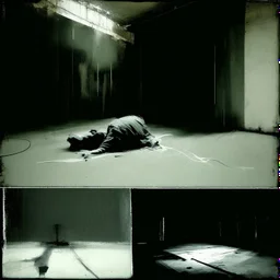 Minimal abstract oil paintings of a desolate 1960s carpark. Illuminated by a spotlights. On the floor are concrete fragments and road markings . In the dark mysterious style of Justin Mortimer and Francis Bacon.