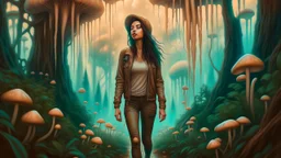 woman with black hair in a ponytail, in light brown leather trousers and jacket, walking through a forest of floating alien mushrooms with jellyfish tentacles, rampant foliage, and vines, next to a lake, photorealistic, Deep Colour, Intricate Detail