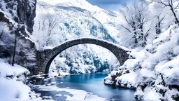 Winter scenery,an old stone bridge in a canyon,river, mountains in greece,dramatic scene,vibrant colors