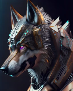 3D Portrait of a cyborg wolf in natural colours wearing futuristic face armor in realistic fantasy full body