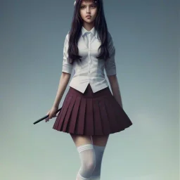 a beautiful woman with school uniform, seifuku, pleated miniskirt, overknee socks, adriana lima, painted by artgerm and tom bagshaw, fantasy art, dramatic lighting, highly detailed oil painting, volumetric lighting