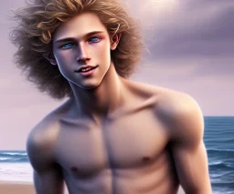 highly detailed, photorealistic, studio lights, full body image of a beautiful 12 year old boy with long, blonde curly hair and light blue eyes, smiling, shirtless, in front of an distant beach