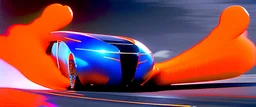 award winning car and driver photograph of a futuristic station wagon designed by only one vehicle per image painted metallic orange traveling at a high rate of speed, jet intake off of front center of vehicle and jet exhaust out the rear with bright blue flame, bilaterally symetrical, more a high speed road vehicle