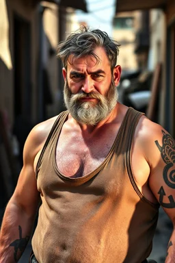 full figure , strong muscular burly beefy turkish carpenter in dirty ripped tank top, very hairy, 44 years old , sweat and wet, bull neck, tattoo, short beard, unshaved hair, working in the middle of the street under the sun , aspect ratio 9:16