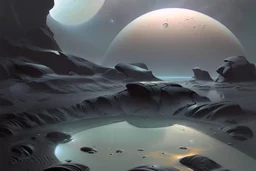 Grey Exoplanet in the hotizon, rocks, Night, lagoon reflection, sci-fi, epic, otto pippel painting